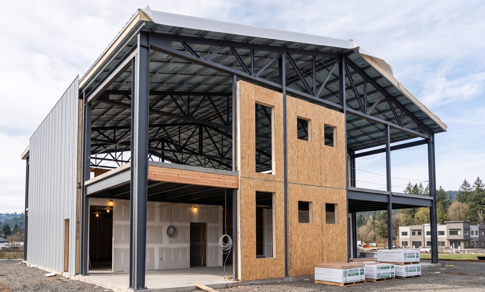 Design rendering of a steel-framed commercial building under construction
